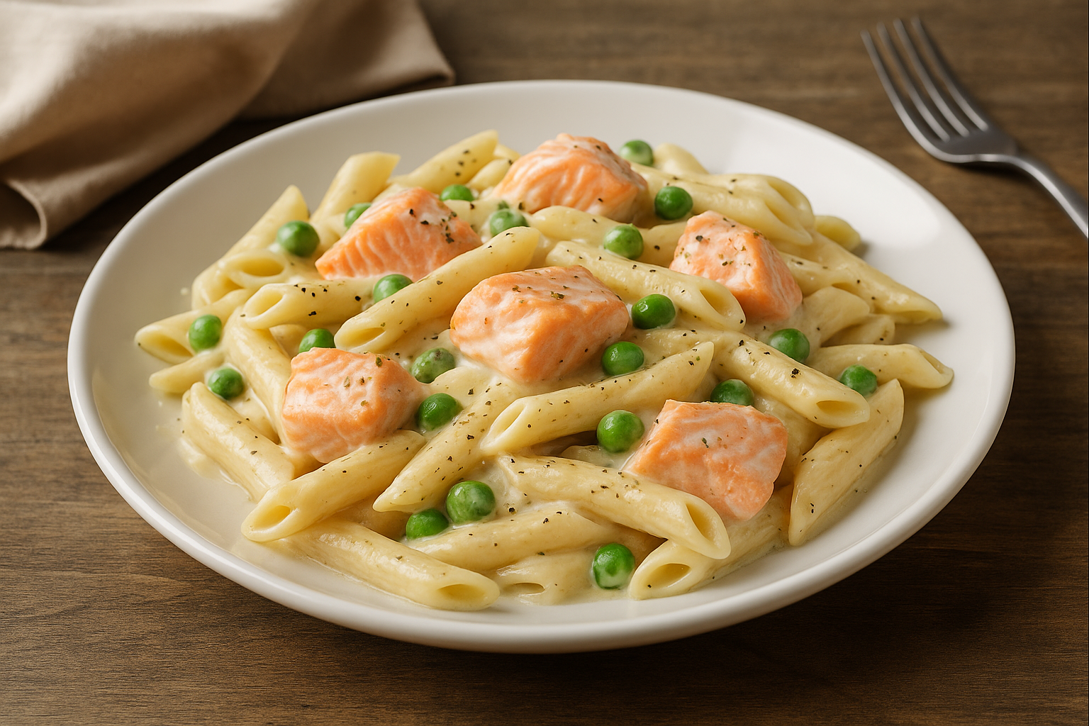 Macarroni con salsa alfredo y Salmón de Chile: Cremosamente delicioso