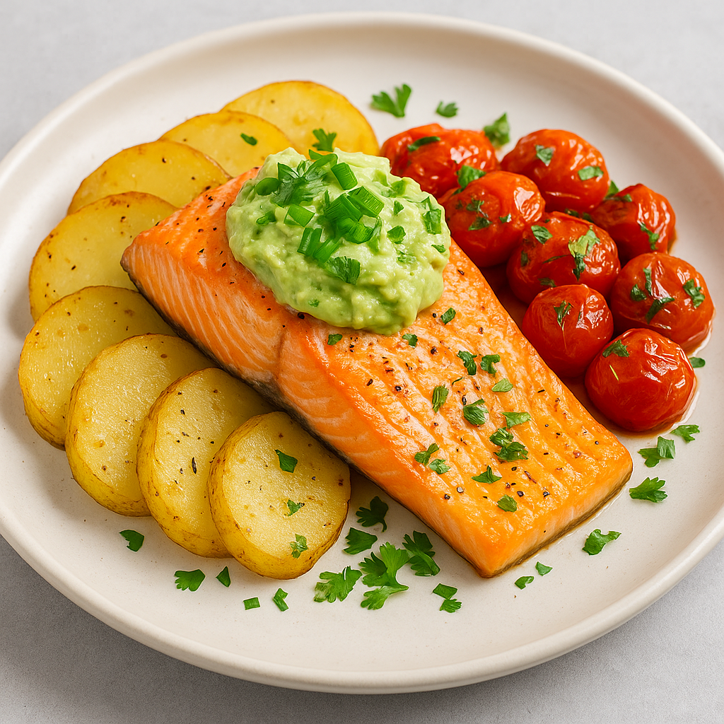 La mejor combinación: Salmón con tomate, palta y papas