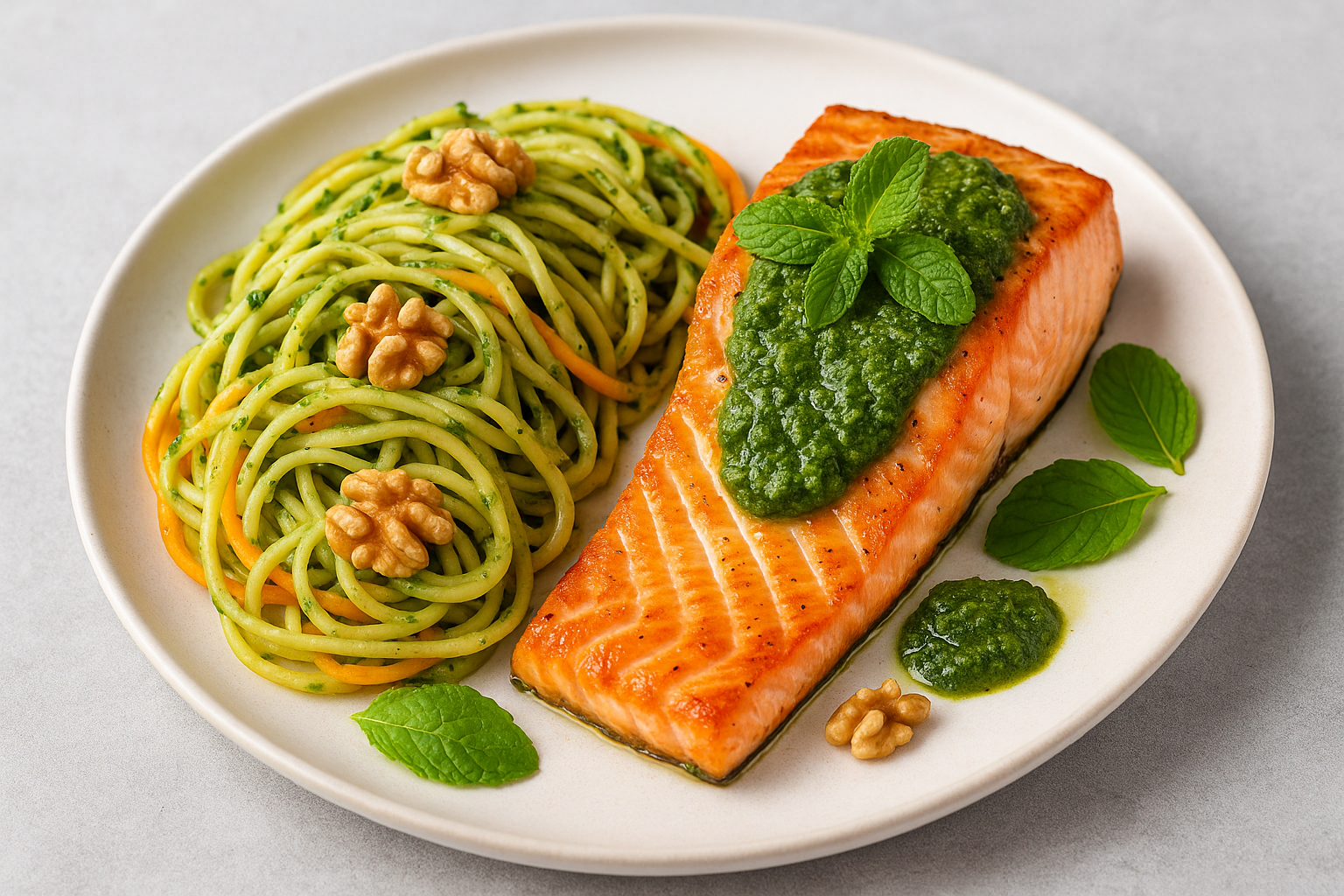 Salmón chileno con espagueti y pesto de menta