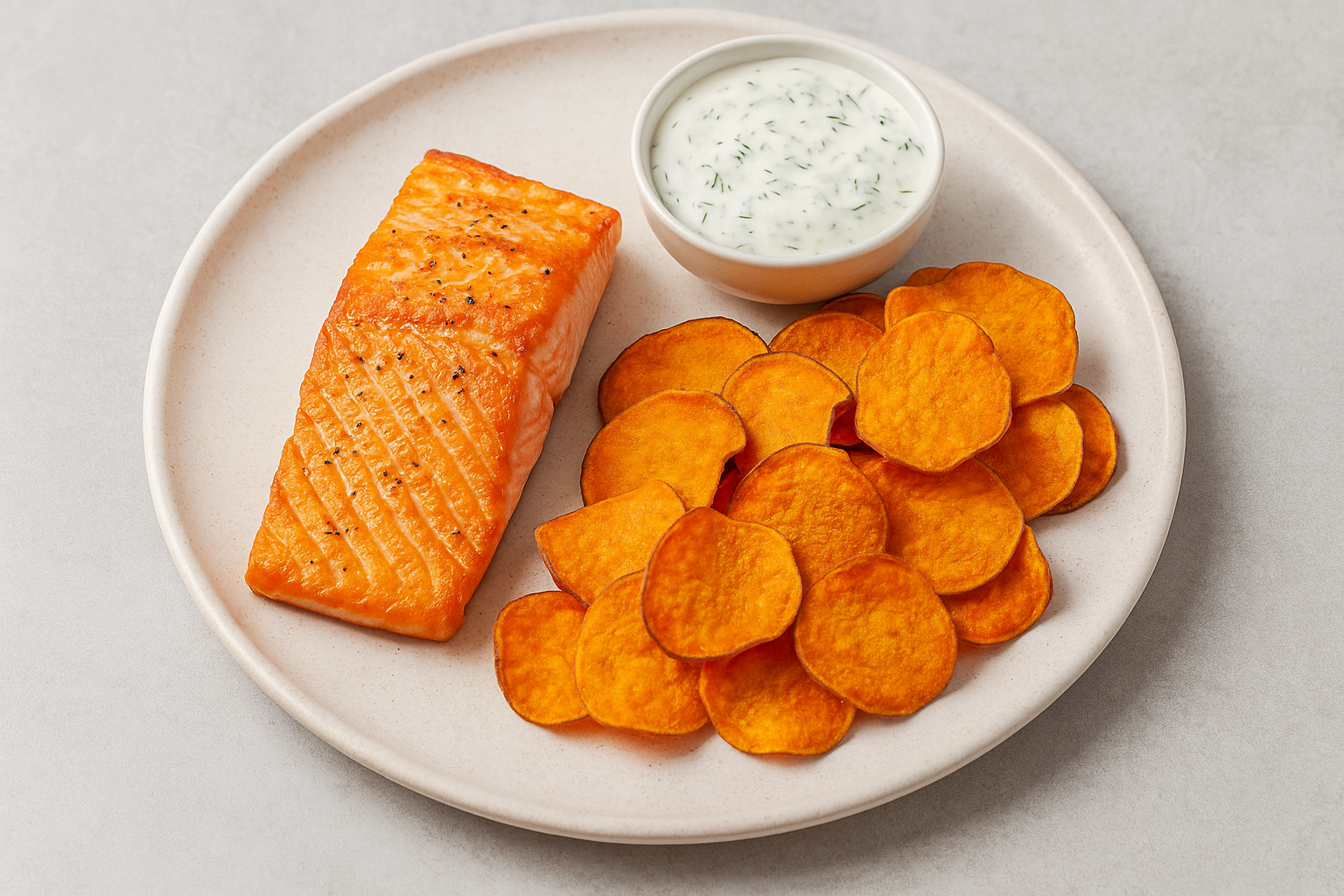 Salmón de Chile con Chips de papa dulce y salsa de eneldo