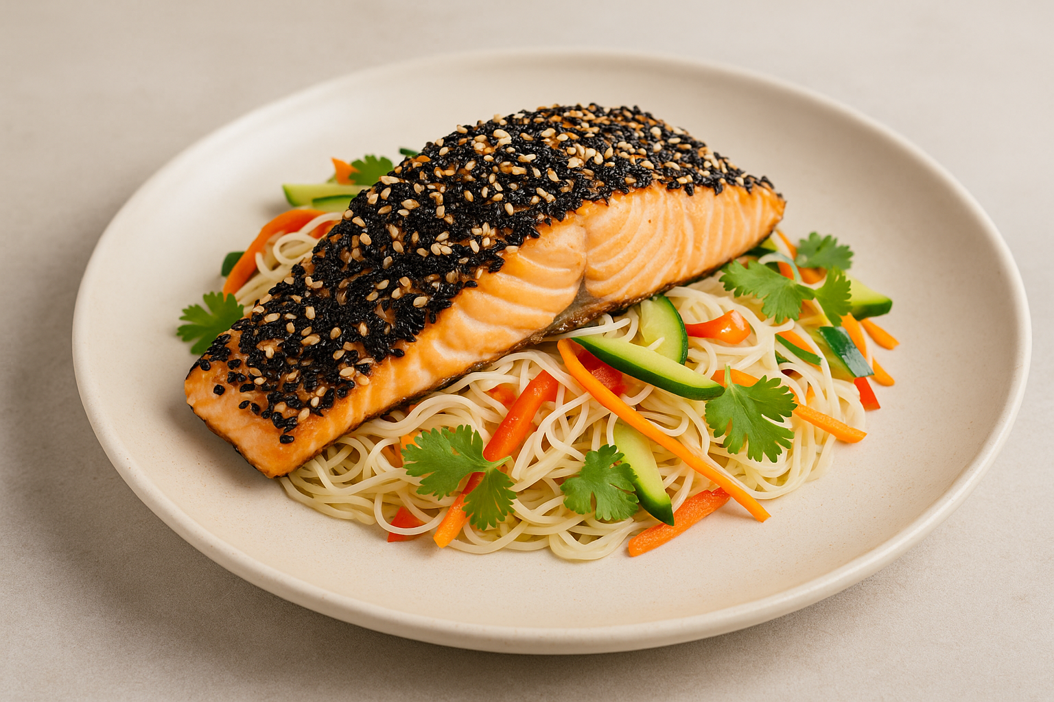 Ensalada de Bifum con Salmon de Chile en corteza de sesamo
