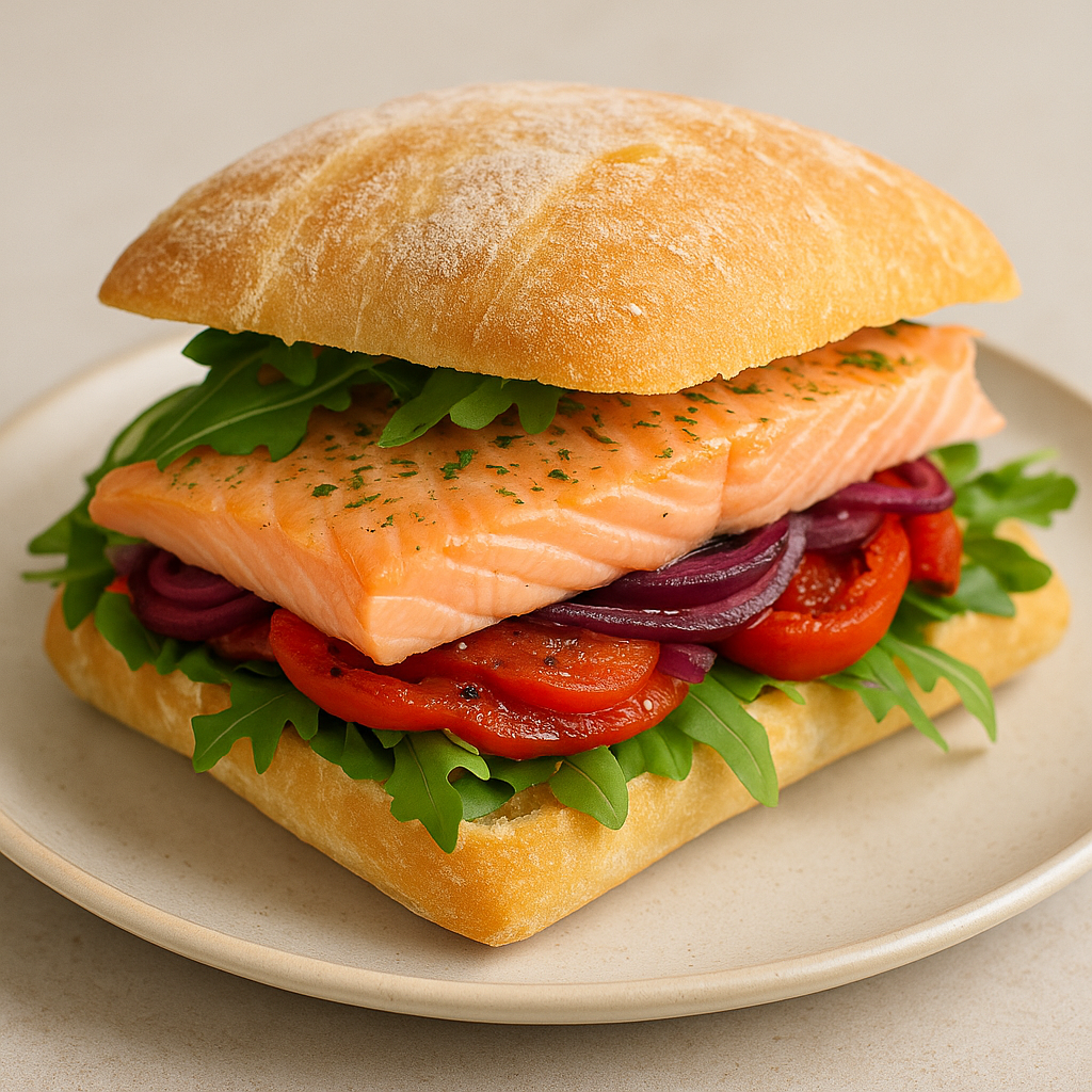 Ciabatta de salmón chileno con rúcula y pimentón asado