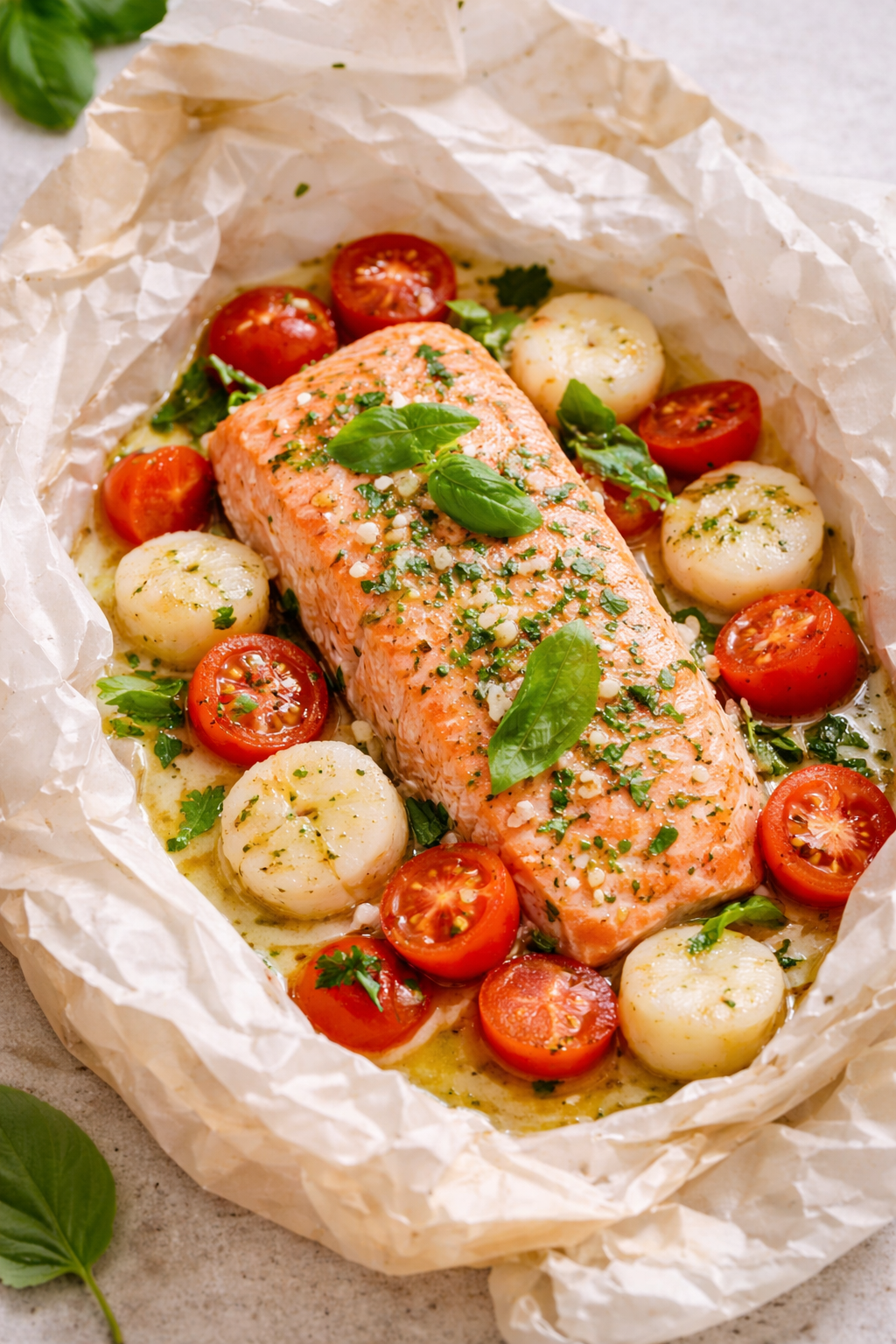 Salmón de Chile en papillote con ostiones y tomates cherry