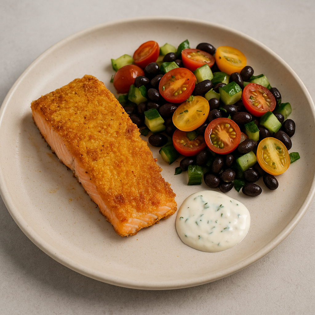 Filetes de salmón chileno con costra de fubá y ensalada