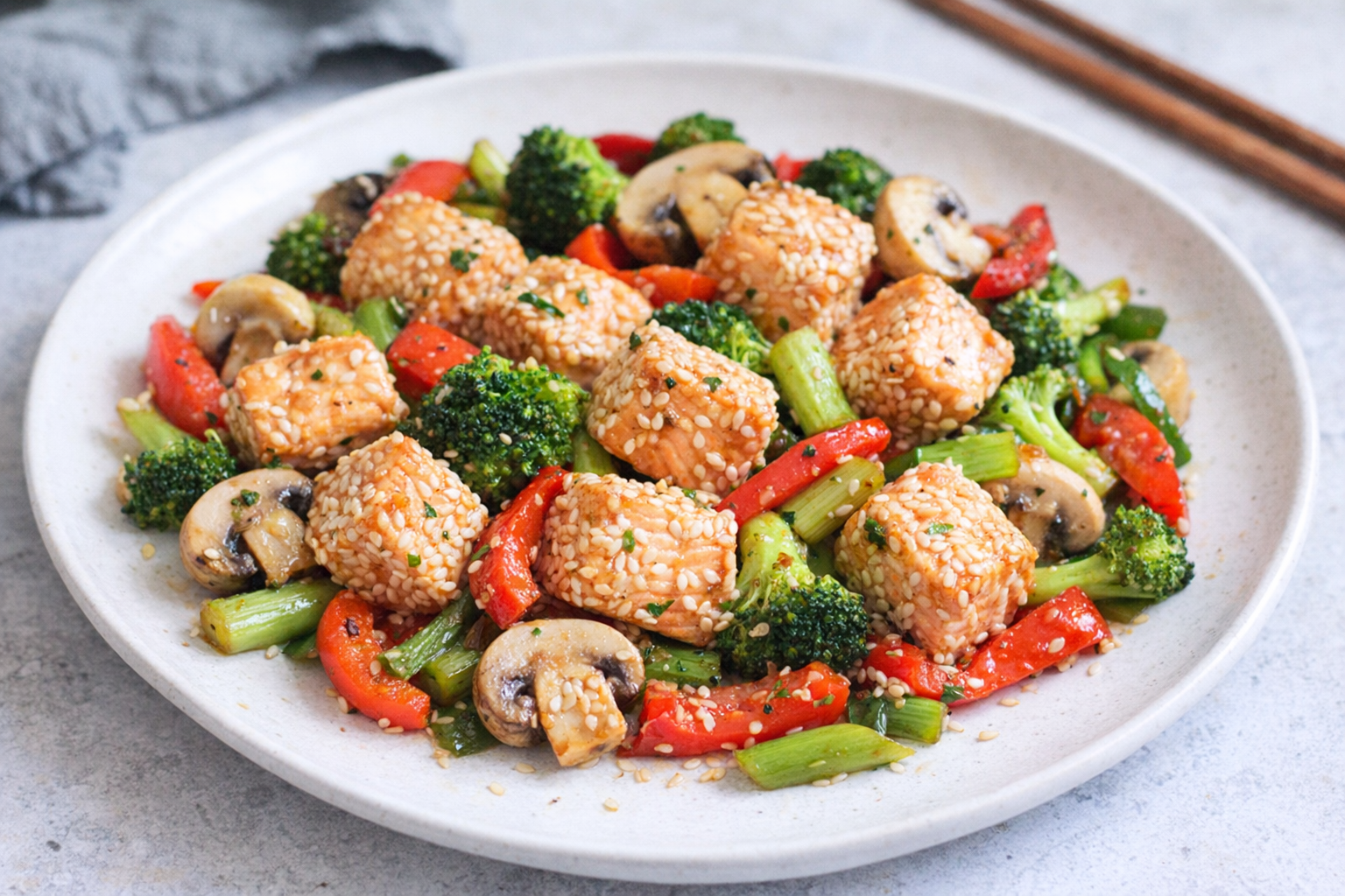 Salteado de salmón chileno con sésamo y verduras