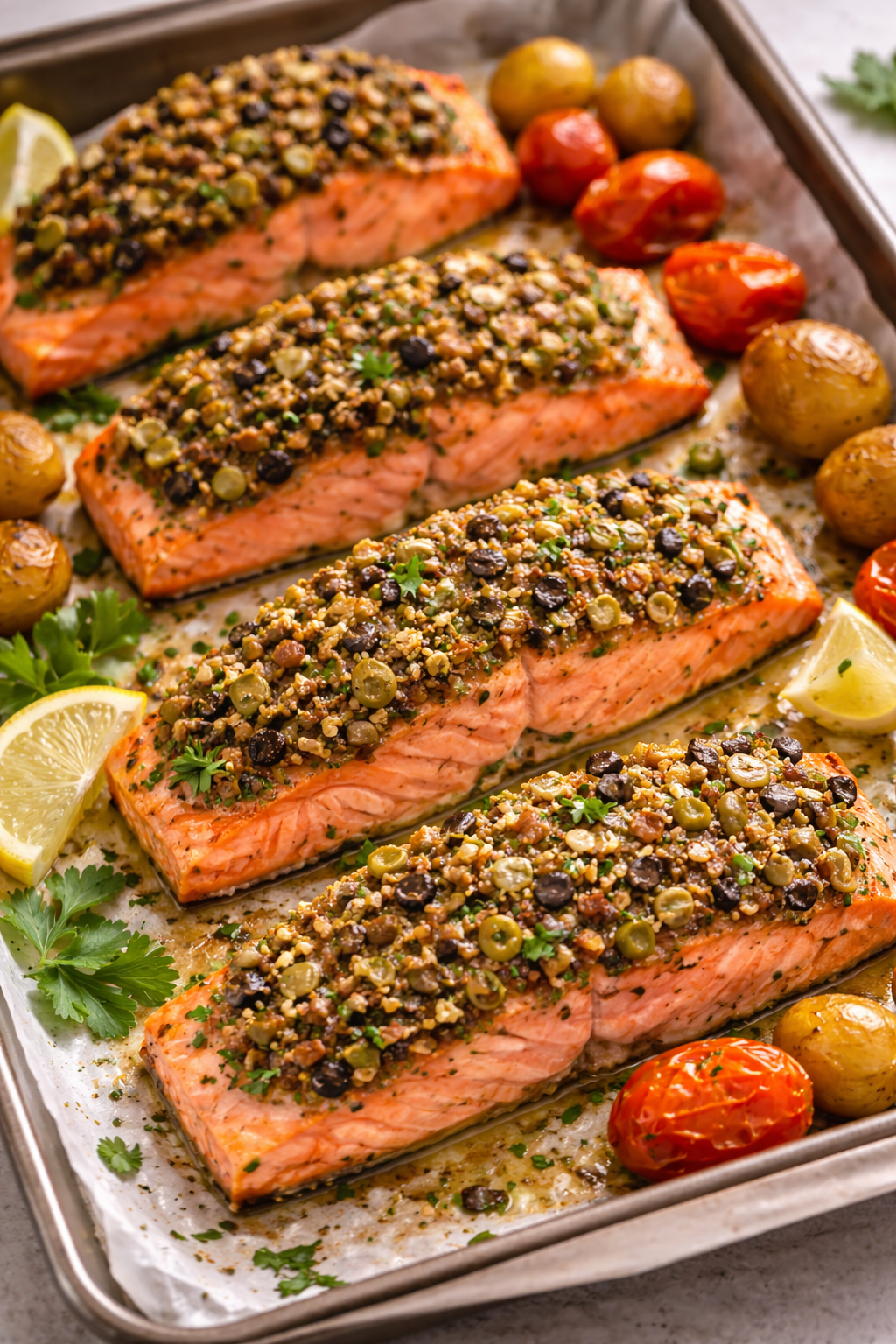 Salmón de Chile con costra de aceitunas